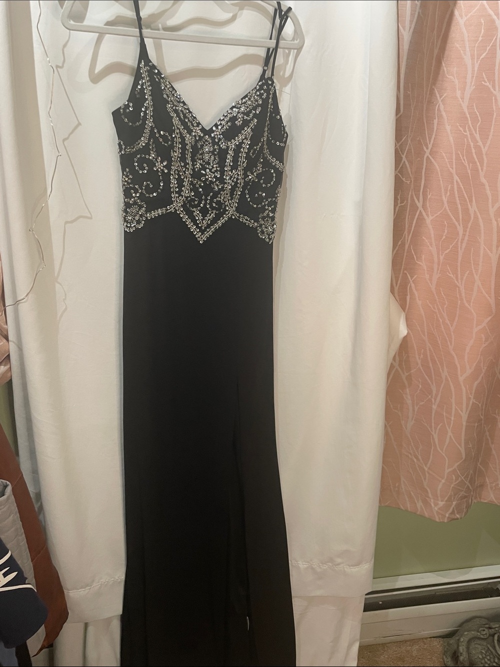 Black Beaded Spaghetti-Strap Prom Gown